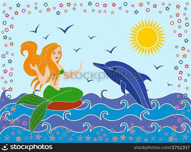 Dolphin and Mermaid as a mythical girl on the sea waves in the warm season, hand drawing vector illustration