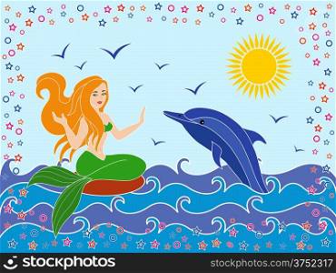 Dolphin and Mermaid as a mythical girl on the sea waves in the warm season, hand drawing vector illustration