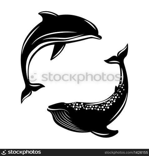 Dolphin and Whale. Vector illustration, flat style. Black and white. Dolphin and Whale. Vector illustration, flat style. Black and white.