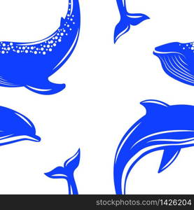 Dolphin and Whale. Vector illustration flat style. Seamless pattern. Dolphin and Whale. Vector illustration, flat style. Seamless pattern