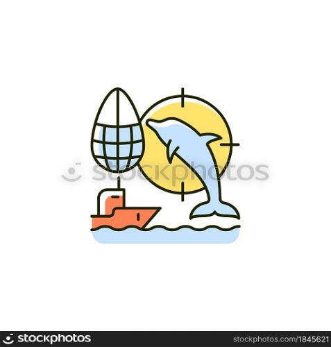 Dolphin drive hunting RGB color icon. Drive dolphins with boat to shore and kill. Fishing method. Trading sea mammals to dolphinarium. Isolated vector illustration. Simple filled line drawing. Dolphin drive hunting RGB color icon