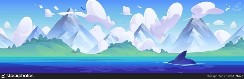 Dolphin fin in sea near island and mountain vector background. Blue ocean water on beautiful summer illustration. Cartoon horizontal outdoor adventure panoramic nature seascape with fish for game.. Dolphin fin in sea near island and mountain vector