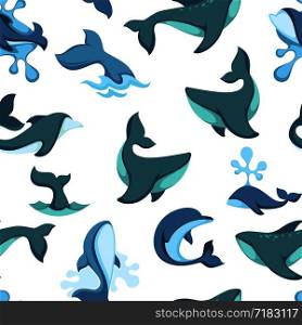 Dolphin fishes with funny character swimming in water vector. Wildlife of marine and ocean dwellers, playful animal splashing sea drops. Friendly creature with fins and flippers seamless pattern. Dolphin fishes with funny character swimming in water vector