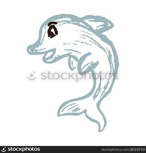 Dolphin. Icon in hand draw style. Drawing with wax crayons, colored chalk, children&rsquo;s creativity. Vector illustration. Sign, symbol, pin, sticker. Icon in hand draw style. Drawing with wax crayons, children&rsquo;s creativity