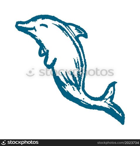 Dolphin. Icon in hand draw style. Drawing with wax crayons, colored chalk, children&rsquo;s creativity. Vector illustration. Sign, symbol, pin. Icon in hand draw style. Drawing with wax crayons, children&rsquo;s creativity