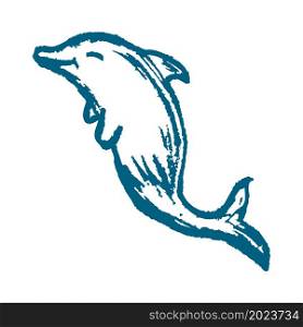 Dolphin. Icon in hand draw style. Drawing with wax crayons, colored chalk, children&rsquo;s creativity. Vector illustration. Sign, symbol, pin. Icon in hand draw style. Drawing with wax crayons, children&rsquo;s creativity