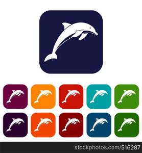Dolphin icons set vector illustration in flat style in colors red, blue, green, and other. Dolphin icons set