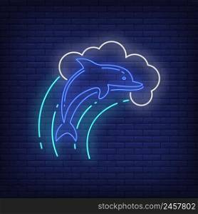 Dolphin in wave neon sign. Glowing banner or billboard elements. Vector illustration in neon style for topics like sea life, nature, marine