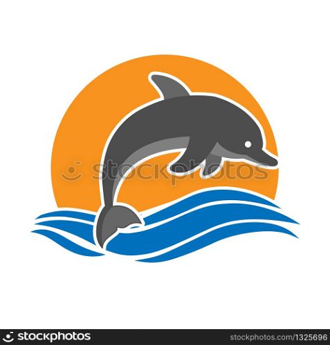 Dolphin jumps out of the water against the background of sunset or dawn. Logo, logo, or sticker for websites and apps. Simple flat design