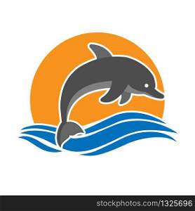 Dolphin jumps out of the water against the background of sunset or dawn. Logo, logo, or sticker for websites and apps. Simple flat design