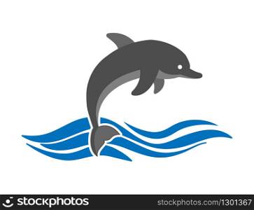 Dolphin jumps out of the water. Logo, logo, or sticker for websites and apps. Simple flat design