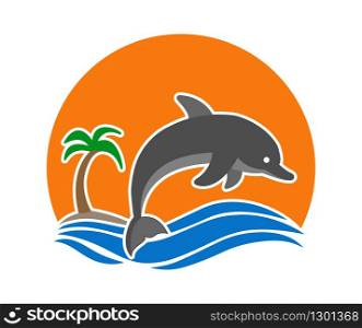 Dolphin jumps out of the water near an island with a palm tree against the background of sunset or dawn. Logo, logo, or sticker for websites and apps. Simple flat design