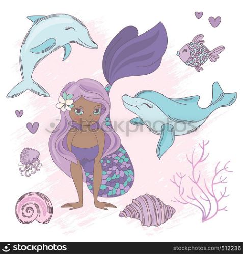 DOLPHIN KISS Mermaid Sea Animals Vector Illustration Set