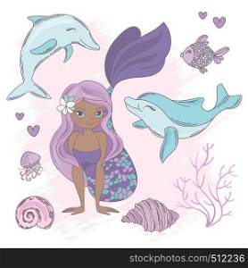 DOLPHIN KISS Mermaid Sea Animals Vector Illustration Set