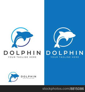 Dolphin logo. Dolphins jump on the waves of the sea or the beach.