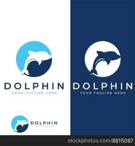 Dolphin logo. Dolphins jump on the waves of the sea or the beach.