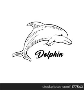 Dolphin monochrome flat vector illustration. Sea animal, intelligent mammal freehand sketch. Saltwater creature black ink drawing. Marine life, fauna representative sketched outline with inscription. Dolphin black and white illustration