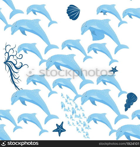 Dolphin, sea inhabitants seamless pattern, beautiful character among seashells, algae, starfish, marine wildlife.. Dolphin, sea inhabitants seamless pattern, beautiful character among seashells, algae, starfish, marine wildlife