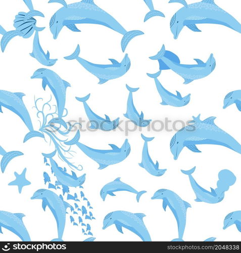 Dolphin, sea inhabitants seamless pattern, beautiful character among seashells, algae, starfish, marine wildlife.. Dolphin, sea inhabitants seamless pattern, beautiful character among seashells, algae, starfish, marine wildlife