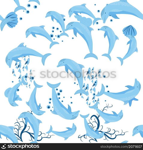 Dolphin, sea inhabitants seamless pattern, beautiful character among seashells, algae, starfish, marine wildlife.. Dolphin, sea inhabitants seamless pattern, beautiful character among seashells, algae, starfish, marine wildlife