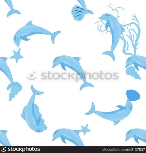Dolphin, sea inhabitants seamless pattern, beautiful character among seashells, algae, starfish, marine wildlife.. Dolphin, sea inhabitants seamless pattern, beautiful character among seashells, algae, starfish, marine wildlife