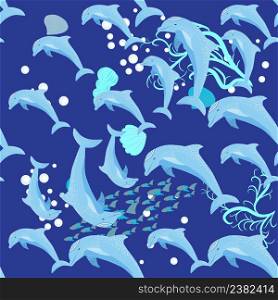 Dolphin, sea inhabitants seamless pattern, beautiful character among seashells, algae, starfish, marine wildlife.. Dolphin, sea inhabitants seamless pattern, beautiful character among seashells, algae, starfish, marine wildlife