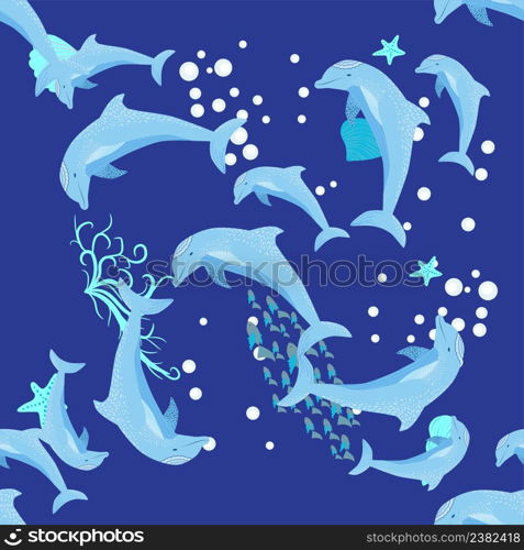 Dolphin, sea inhabitants seamless pattern, beautiful character among seashells, algae, starfish, marine wildlife.. Dolphin, sea inhabitants seamless pattern, beautiful character among seashells, algae, starfish, marine wildlife