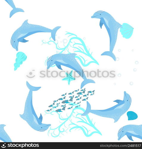 Dolphin, sea inhabitants seamless pattern, beautiful character among seashells, algae, starfish, marine wildlife.. Dolphin, sea inhabitants seamless pattern, beautiful character among seashells, algae, starfish, marine wildlife