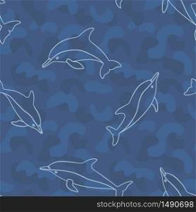 Dolphin seamless pattern in doodle and line style on blue military background. Vector illustration. Dolphin seamless pattern in doodle and line style on blue military background. Vector