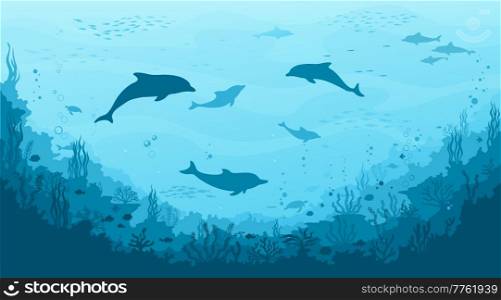 Dolphin silhouettes, seaweed and reef, fish school on underwater landscape. Sea bottom flora and fauna, seafloor world vector background. Deep sea life nautical wallpaper with dolphin pod, corals. Underwater landscape with dolphin silhouettes