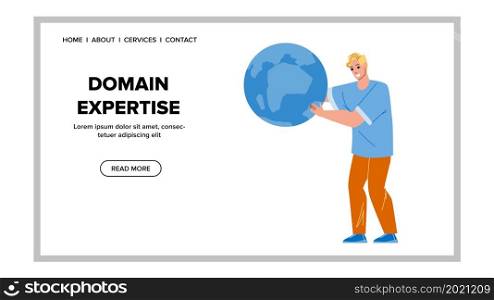 Domain Expertise Making Young Man Manager Vector. Domain Expertise Make Businessman And Checking Internet Address. Character Guy Check Network Cyberspace Web Flat Cartoon Illustration. Domain Expertise Making Young Man Manager Vector