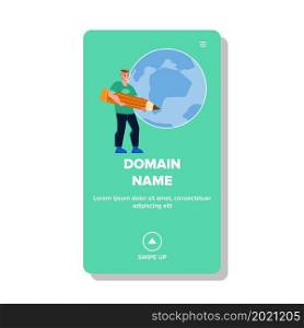Domain Name Man Invent And Registration Vector. Guy With Pencil Create Internet Website Domain Name. Character Creating Net Site Address, Www Homepage Web Flat Cartoon Illustration. Domain Name Man Invent And Registration Vector