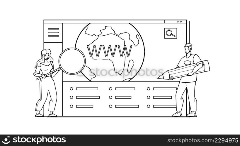 Domain Registration For Internet Web Site Black Line Pencil Drawing Vector. Woman And Woman Researching Name, Create And Domain Registration For Online Store Or Blog. Characters Creating Website. Domain Registration For Internet Web Site Vector