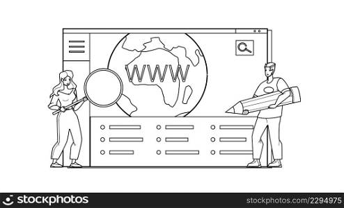 Domain Registration For Internet Web Site Black Line Pencil Drawing Vector. Woman And Woman Researching Name, Create And Domain Registration For Online Store Or Blog. Characters Creating Website. Domain Registration For Internet Web Site Vector