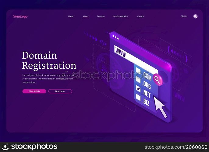 Domain registration isometric landing page. Website hosting concept with digital device screen and names list for online store, blog or business services on purple background, 3d vector web banner. Domain registration isometric landing page, banner