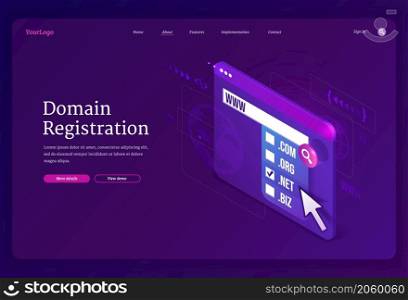Domain registration isometric landing page. Website hosting concept with digital device screen and names list for online store, blog or business services on purple background, 3d vector web banner. Domain registration isometric landing page, banner