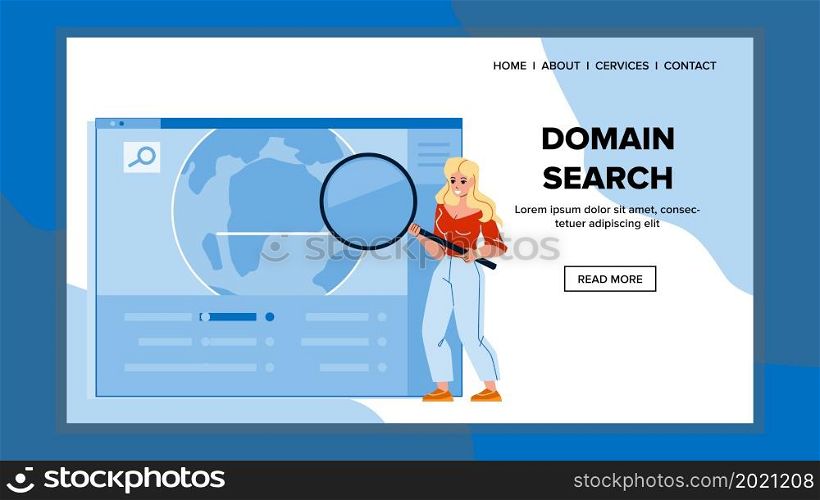 Domain Search Young Woman In Internet Space Vector. Girl With Magnifying Glass Address Domain Search. Character Lady Searching Social Media Website Or Blog Web Flat Cartoon Illustration. Domain Search Young Woman In Internet Space Vector
