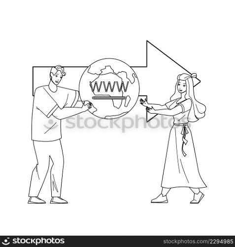 Domain Transfer And Change Internet Hosting Black Line Pencil Drawing Vector. Man Owner Domain Transfer To Woman Or Changing Data Center Service. Characters People Internet Business Illustration. Domain Transfer And Change Internet Hosting Vector