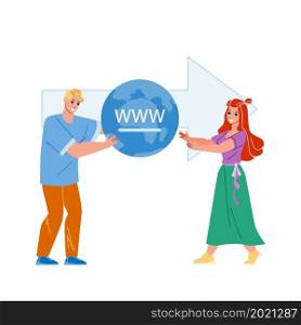Domain Transfer And Change Internet Hosting Vector. Man Owner Domain Transfer To Woman Or Changing Data Center Service. Characters People Internet Business Flat Cartoon Illustration. Domain Transfer And Change Internet Hosting Vector