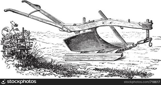 Dombasle plow in plow on his sled, vintage engraved illustration. Industrial encyclopedia E.-O. Lami - 1875.