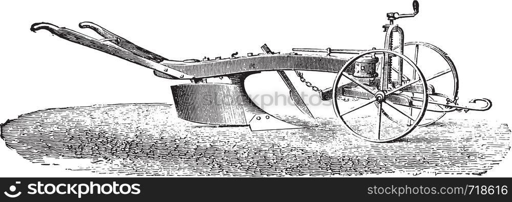 Dombasle plow with his limber, vintage engraved illustration. Industrial encyclopedia E.-O. Lami - 1875.