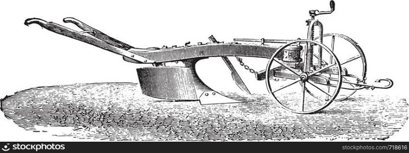 Dombasle plow with his limber, vintage engraved illustration. Industrial encyclopedia E.-O. Lami - 1875.