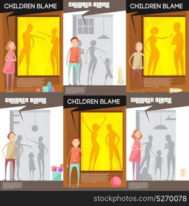 Domestic Altercation Posters Set. Adults abuse children posters set with unhappy teenage child characters watching quarreling parents silhouettes with title vector illustration