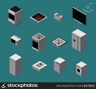 Domestic and kitchen appliances isometric vector icons set. Kitchen domestic cooker and electric oven refrigerator illustration. Domestic and kitchen appliances isometric vector icons set