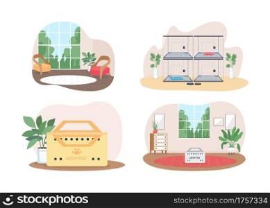 Domestic animal adoption 2D vector web banner, poster set. Shelter for homeless cats and dogs flat scene on cartoon background. New home for pet printable patch, colorful web element collection. Domestic animal adoption 2D vector web banner, poster set