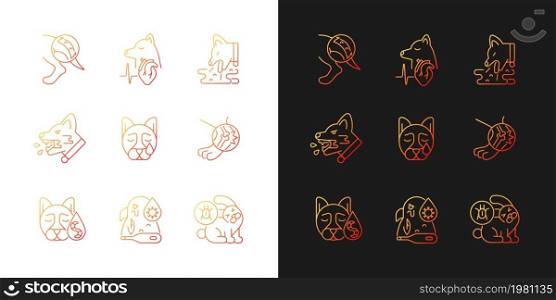 Domestic animal disease gradient icons set for dark and light mode. Pet health problems. Thin line contour symbols bundle. Isolated vector outline illustrations collection on black and white. Domestic animal disease gradient icons set for dark and light mode