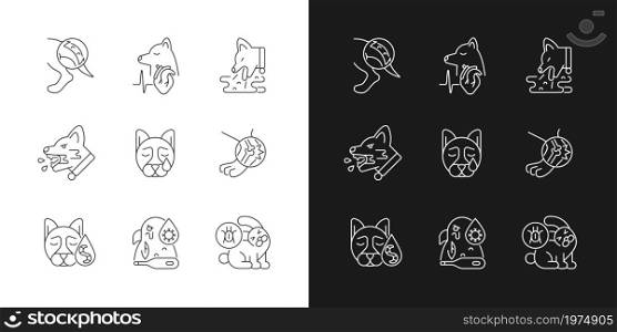 Domestic animal disease linear icons set for dark and light mode. Pets health problems. Infectious illness. Customizable thin line symbols. Isolated vector outline illustrations. Editable stroke. Domestic animal disease linear icons set for dark and light mode