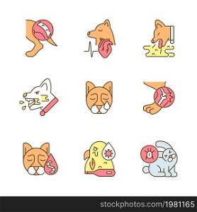 Domestic animal disease RGB color icons set. Pets health problems. Infectious illness. Virus infections. Isolated vector illustrations. Simple filled line drawings collection. Editable stroke. Domestic animal disease RGB color icons set