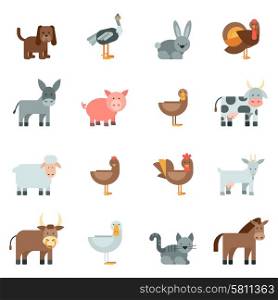 Domestic animal flat icons set with dog rabbit donkey isolated vector illustration. Domestic Animal Flat Icons Set