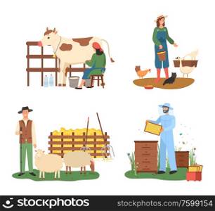 Domestic animals and people tending for pets vector, cow and sheep, woman feeding chicken hen. Beekeeping male wearing uniform, beekeeper flat style. Agriculture and Farming, Cow and Sheep Chicken